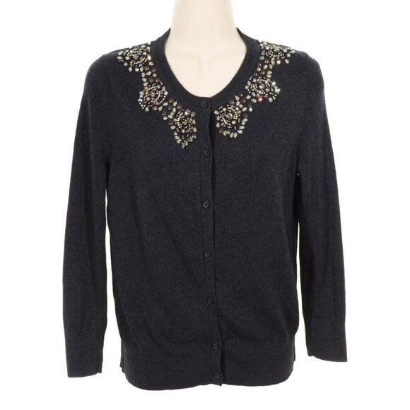 Loft Cardigan Women Small Formal Gray Embossed Beads Stones Jeweled Long Sleeve - Picture 1 of 11